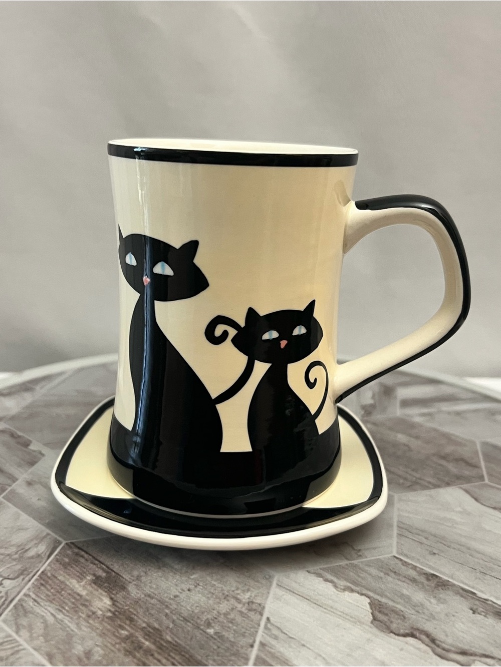 Hues N Brews Black Cat Coffee Mug Saucer Set Thailand Halloween Ceramic Cup